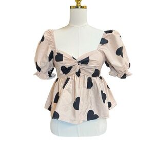 English Factory Heart Print Peplum Top XS Puff Sleeve Babydoll